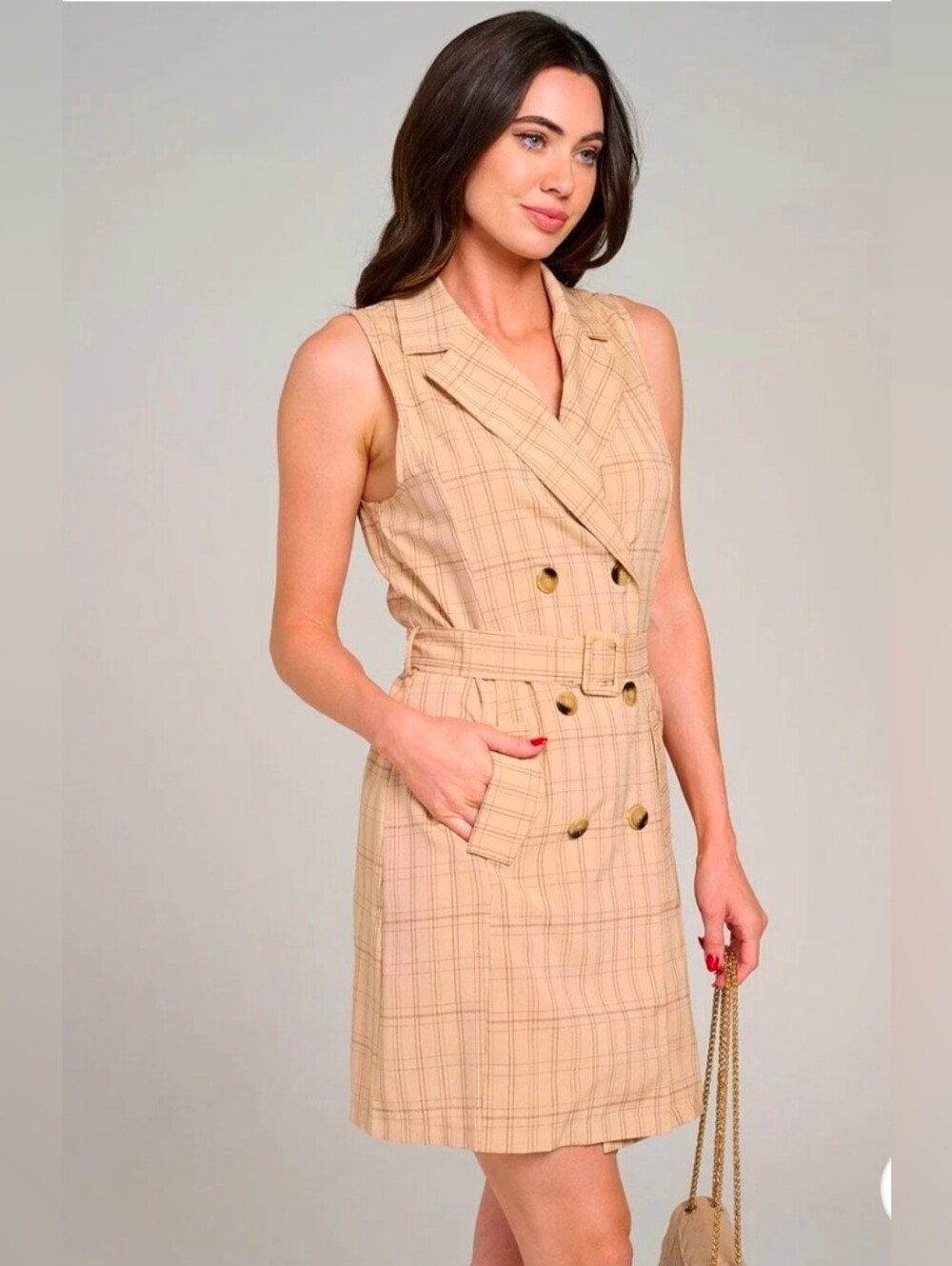 Sleeveless Belted Plaid Dress in Beige
